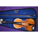 A traditional student violin, in Rushworth and Dreaper case, with unstamped bow