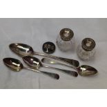 A pair of cut glass inkwells having HM silver tops, (no stand), a small HM silver patch box and four