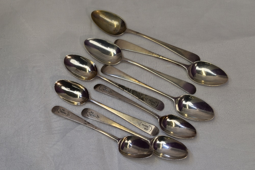 Nine assorted Georgian silver tea and coffee spoons of Old English form, some bearing monogram to