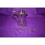 A silver plated hot water pot, four sets of plated sugar nips, a pair of screw back earrings and