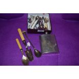 A small selection of silver plated spoons including souvenir, golf interset, stilton scoop etc and a