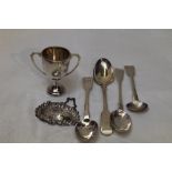 Two Georgian silver teaspoons, a Victorian silver teaspoon and salt spoon, a small HM silver