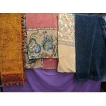 Three vintage chenille throws and a pair of curtains, good condition, slight wear to some items.