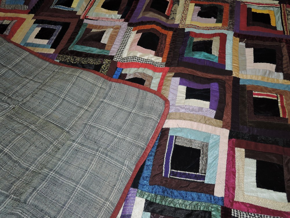 A large log cabin design quilt around mid to late 1800s, using vibrant silks,velvets and cottons, - Image 2 of 3