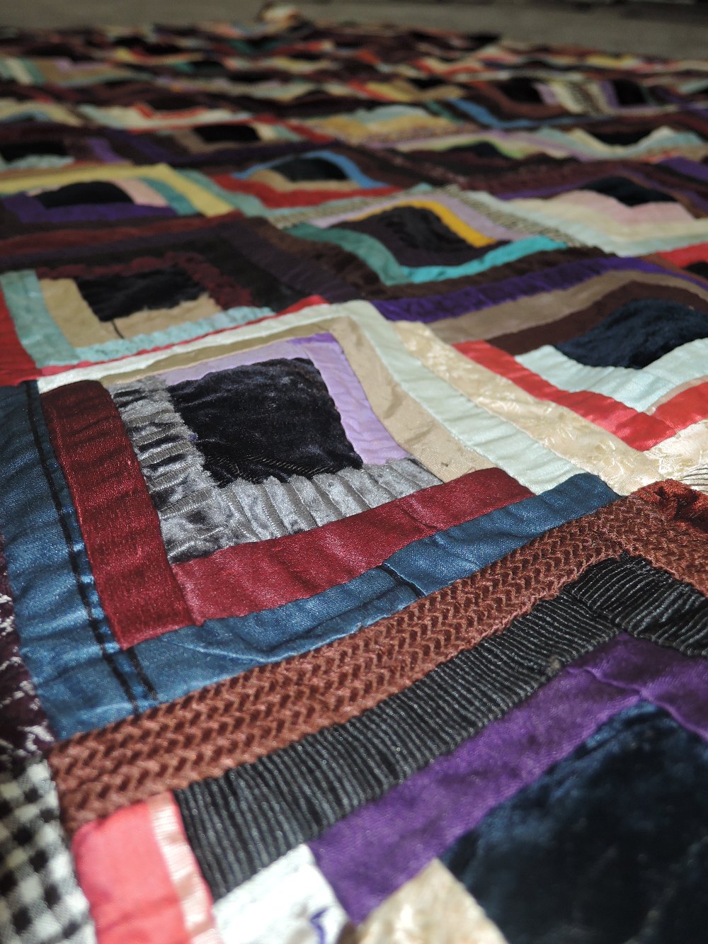 A large log cabin design quilt around mid to late 1800s, using vibrant silks,velvets and cottons, - Image 3 of 3