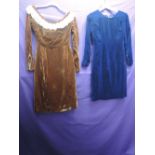 Two vintage velvet dresses, one 1950s,off the shoulder style in brown with lace to bodice, back