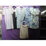 A lovely lot of five vintage dresses, 1940s to 1960s, including blue abstract print dress and jacket