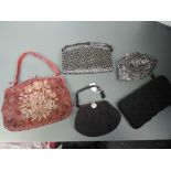 Five vintage handbags, around 1930s to late 50s. Various styles and sizes.