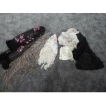 An interesting lot of antique and vintage fringed shawls, lace collars and a scarf, good condition