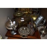 An assorted lot of vintage metal ware, containing a brass kettle, a brass clad wooden tea caddy,