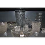 A collection of mixed vintage cut and pressed glass including bowls, vases, rose bowl and perfume