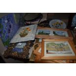 A mixed lot containing mirrors, decorative moulded wall plaques, canvas prints and pictures.