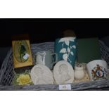 A selection of ceramics including antique bisque Wedgwood plaques Byron and S'Spear