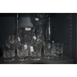 A selection of clear cut crystal glass wares including Dartington
