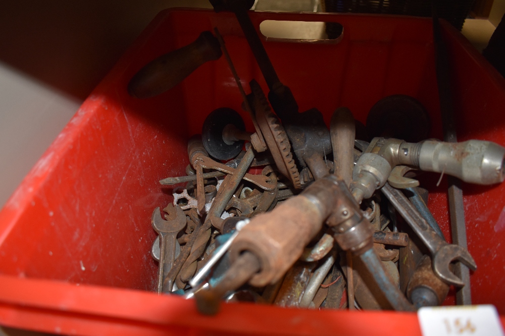 A box of vintage hand brace drills, files, mole grips, Whitworth and AF spanners,and similar.