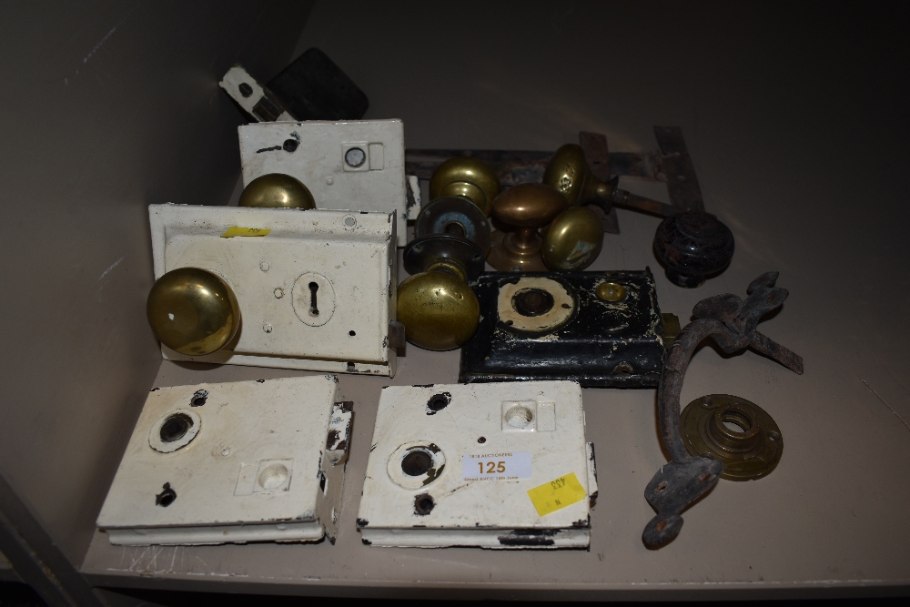 A collection of antique rim locks, door knobs, latches, hinges and similar.