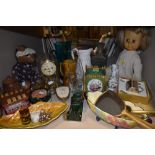A mixed selection of vintage collectables including a dressing table set, a boxed silver plated