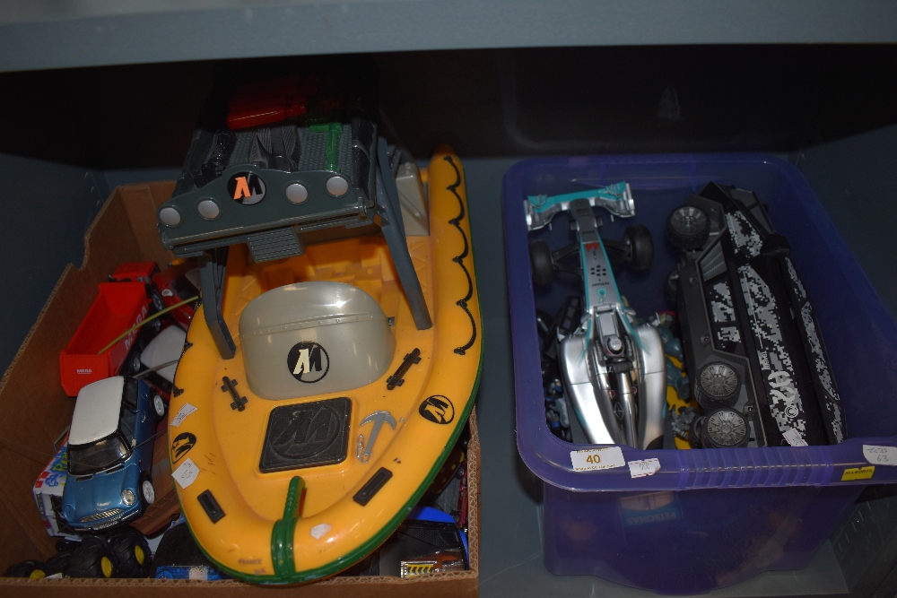 Two boxes of modern diecast and plastic vehicles and accessories including figures