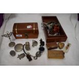 Two wooden jewellery box containing a selection of cat ornaments, beads, trinkets etc