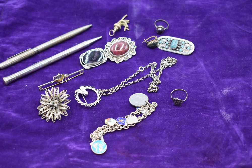 A selection of white metal jewellery including Blue John brooch, filligree brooch, belcher chain,