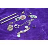 A selection of white metal jewellery including Blue John brooch, filligree brooch, belcher chain,
