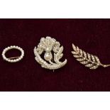 Three seed pearl brooches including leaf form, circular form on yellow metal, marks worn and
