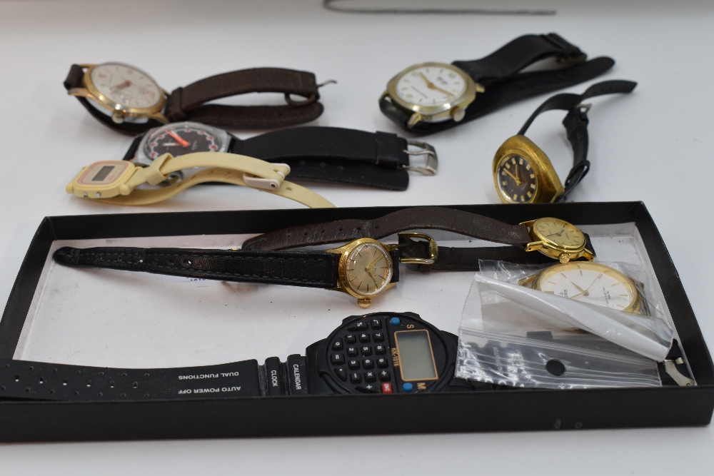 A selection of wrist watches including Tissot, Ruhla, Denby, Smiths etc