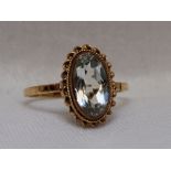 A lady's dress ring having an oval aqua marine style stone in a collared mount with twist decoration