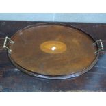 An Edwardian design mahogany butler's tray having shell inlay cartouche, width approx. 55cm