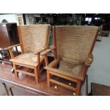 A pair of golden oak frame child's armchairs of traditional Orkney design having woven and sea grass