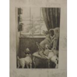 An engraving after Frank Paton, 'Are you there' humorous dog interest, signed, 10inx8in