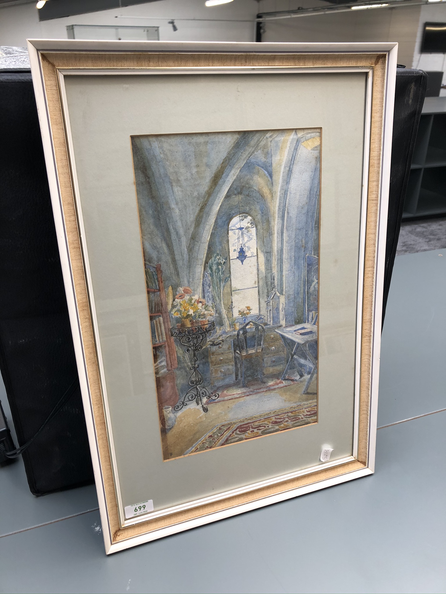 A watercolour, church study interior, 15inx8.5in - Image 2 of 3