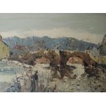 An oil painting on board, river bridge townscape, possibly Barnard Castle, indistinctly signed, 9.