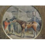 Five 19th century engravings, coloured, three circular and two rectangular, horses, carriages and