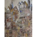 An oil painting, Trevor Lawrence, stylised shanty town, signed and dated (19)73, 21.5inx13.5in