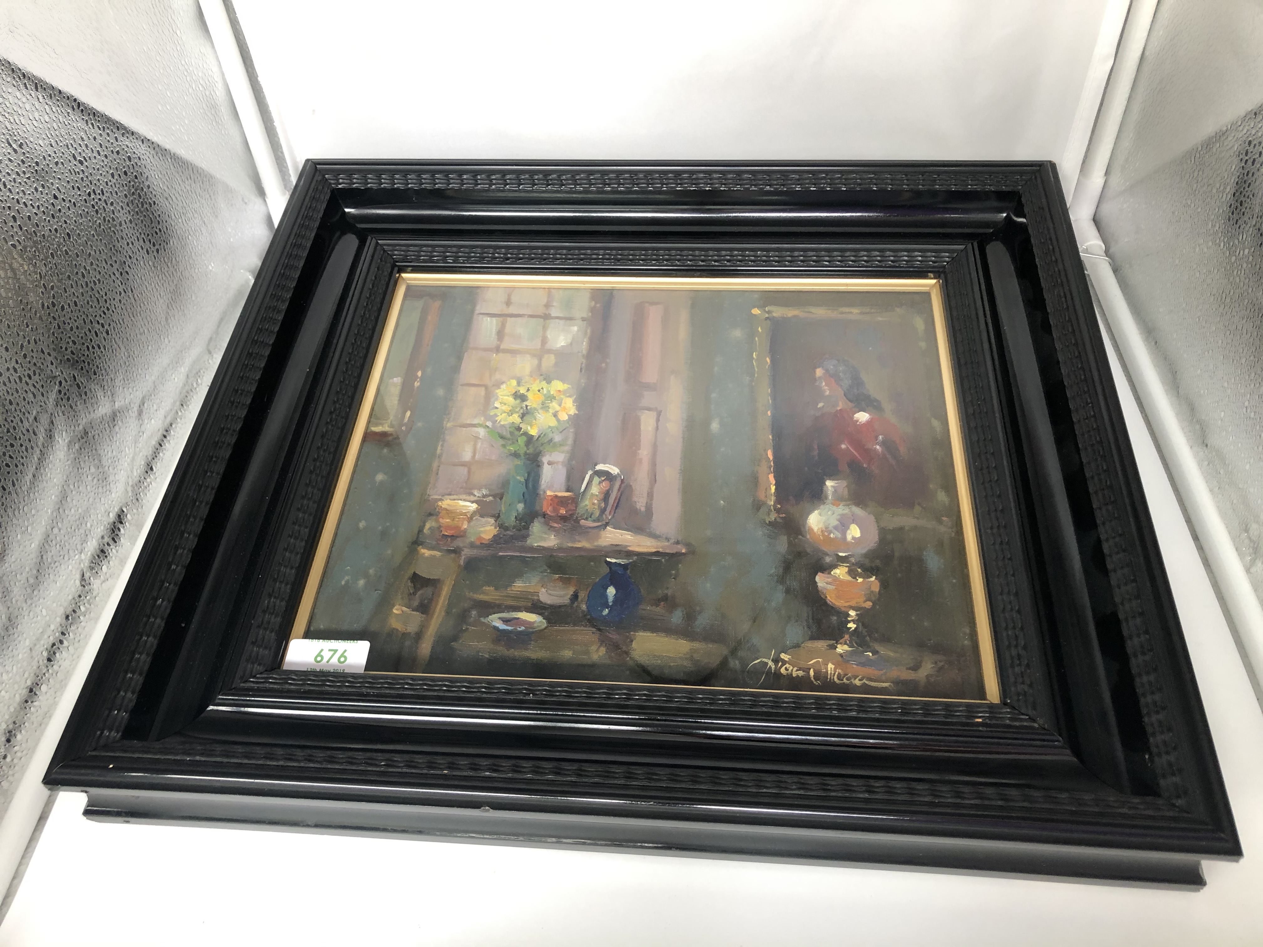 An oil painting, Liam Treacy, interior with lamp, signed and attributed verso - Image 2 of 3
