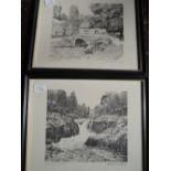 Two prints after Alfred Wainwright, Skelwith Force and Wycoller, signed. 6'x7'