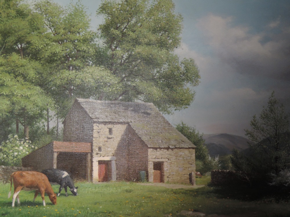 An oil painting, Geoffrey H Pooley, Cattle and barn, landscape, signed, 27inx35in