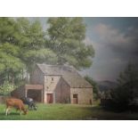 An oil painting, Geoffrey H Pooley, Cattle and barn, landscape, signed, 27inx35in