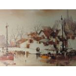 An oil painting Jorge Aguillar-Argon, Boats in Harbour, signed and attributed verso 15in X 31in