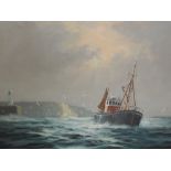 An oil painting, D Short, coastal landscape, with trawler and lighthouse, signed, 15.5inx19.5in