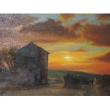 An oil painting on board, Geoffrey H pooley, Lakeland barn sunset, signed, 15inx19in