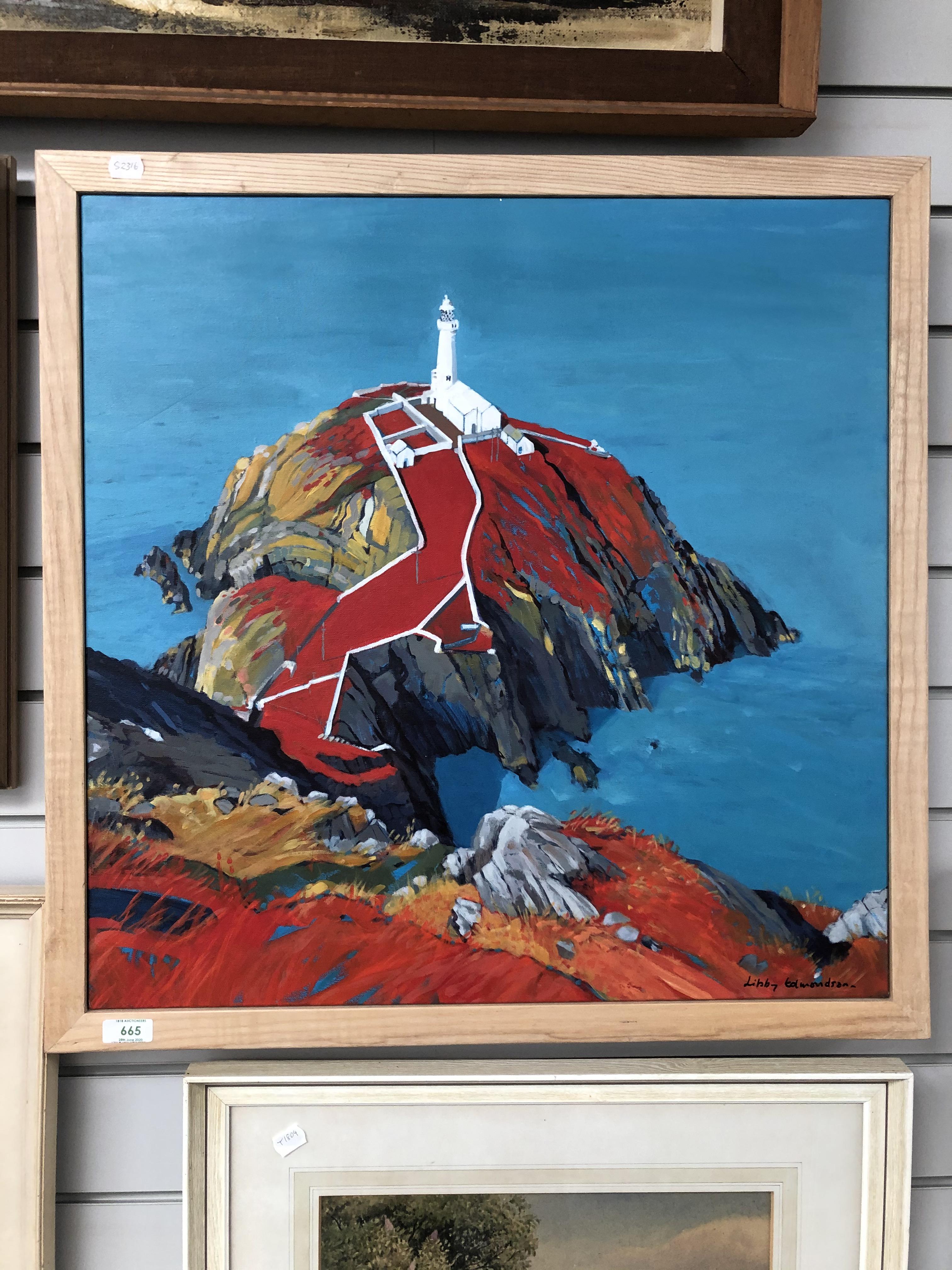 An acrylic painting on canvas, Libby Edmondson, South Stack Lighthouse, Anglesey, signed, 24inx24in