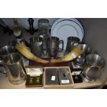 A selection of plated wares and animal horns