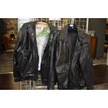 Two vintage black leather jackets.