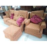 A modern russet settee, chair and footstool, settee width approx 200cm