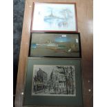 A framed watercolour of Paris and a similar print, also included is a framed painting on fabric '