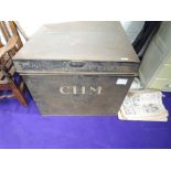 A large tin deed or similar box, approx. dimensions W69 H62 cm