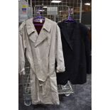 A gents pinstripe suit and belted gents Boss raincoat