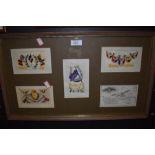 A framed and mounted collection of embroidered souvenir postcards.